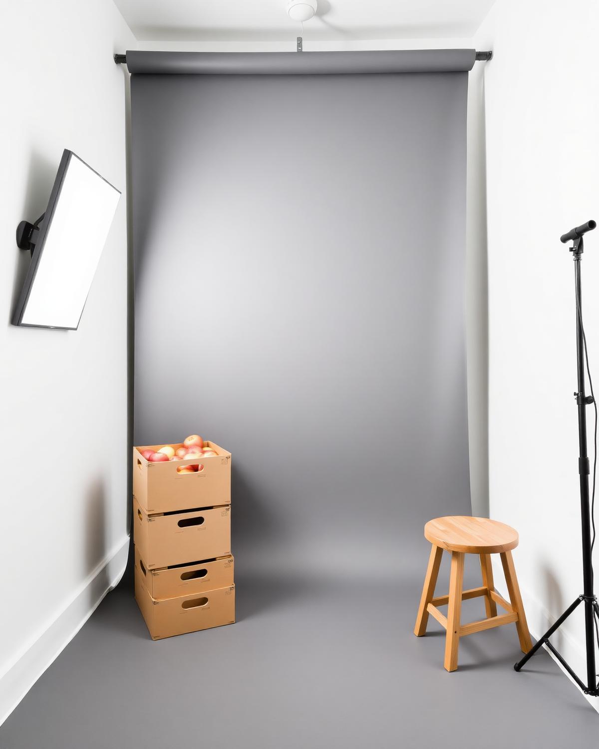 Grey backdrop set with apple boxes